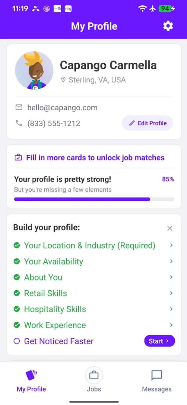 The seeker profile in the Capango app