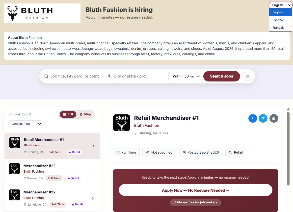 A branded careers page for Bluth Fashion